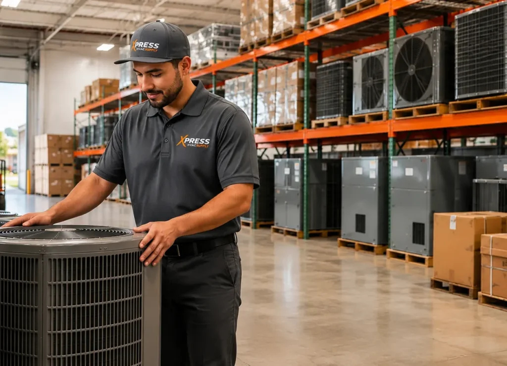 Xpress Supply warehouse employee inspecting HVAC condensers Texas