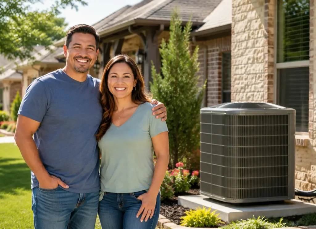 Homeowners next to new HVAC unit Texas
