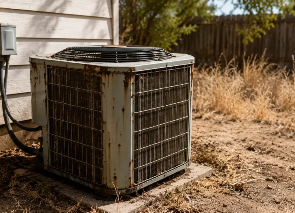 Old rusted AC condenser unit Texas backyard